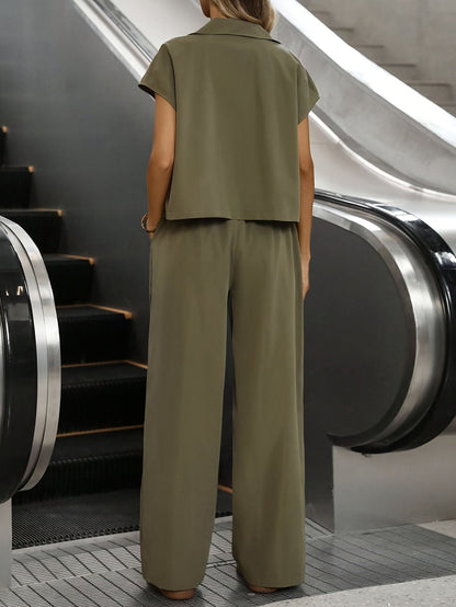 Effortless Wide Leg Set for Women with Collar Short Sleeve Utility Jacket Two Piece Style