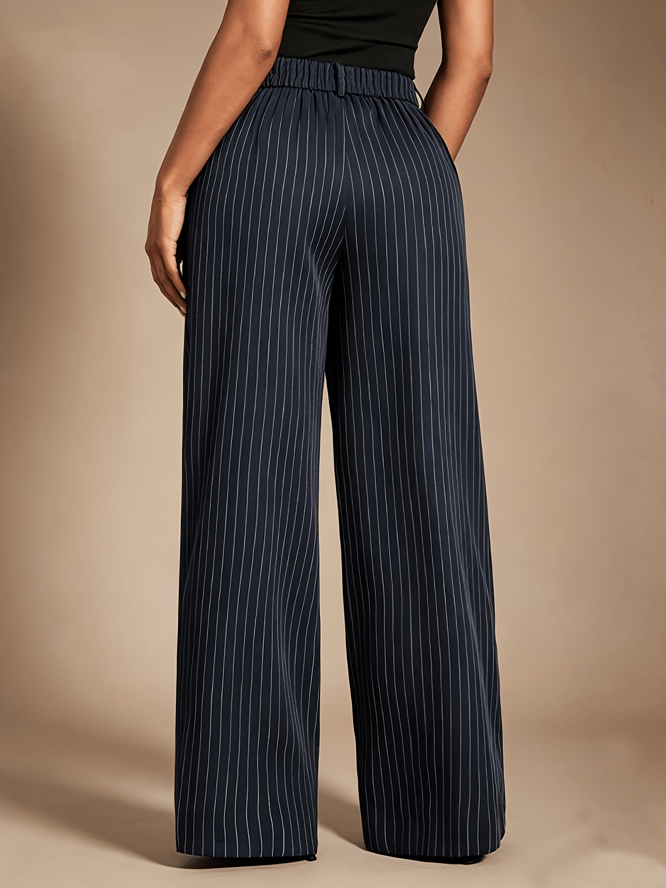 Elegant Navy Pinstripe Wide Leg Trousers for Women with High Waist Pleated Tailored Style