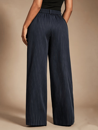 Elegant Navy Pinstripe Wide Leg Trousers for Women with High Waist Pleated Tailored Style
