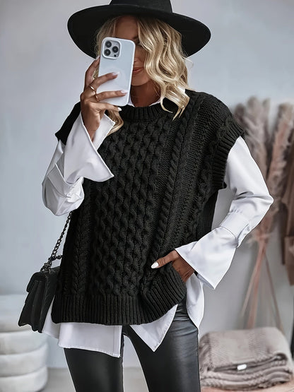 Comfortable Cable Knit Sweater Vest for Women with Crew Neck Sleeveless Oversized Relaxed Knit Style