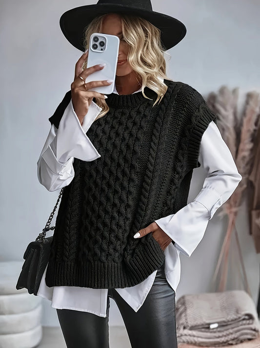 Comfortable Cable Knit Sweater Vest for Women with Crew Neck Sleeveless Oversized Relaxed Knit Style