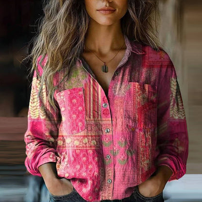 Effortless Boho Print Linen Blouse for Women with Collar Long Sleeve Button Front Relaxed Style