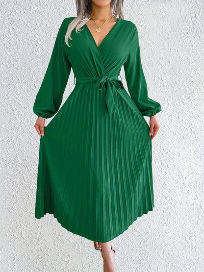 Elegant Pleated Wrap Maxi Dress for Women with V Neck Bishop Sleeve Belted Flowing Style