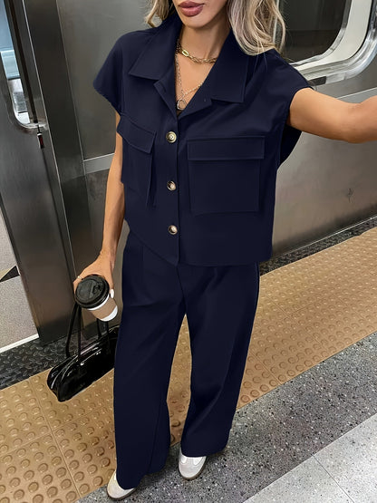 Effortless Wide Leg Set for Women with Collar Short Sleeve Utility Jacket Two Piece Style