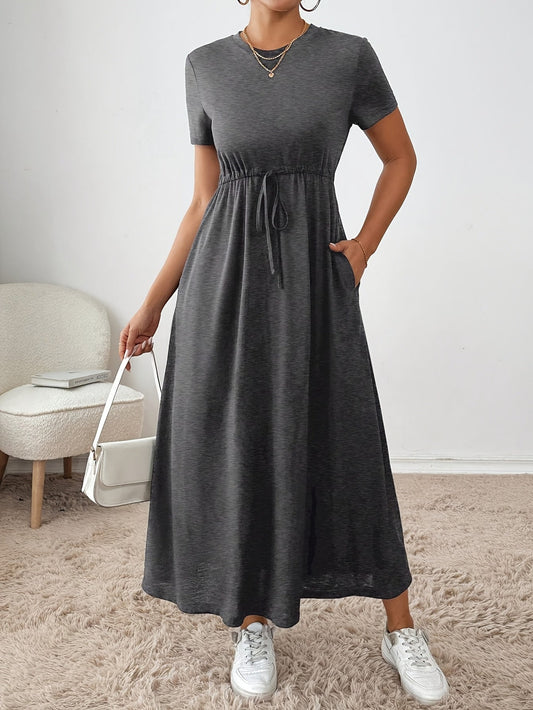Effortless Drawstring Maxi Dress for Women with Round Neck Short Sleeve Cinched Waist Flowing Casual Style