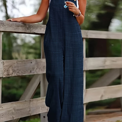 Effortless Linen Wide Leg Jumpsuit for Women with Square Neck Button Strap Relaxed Casual Style