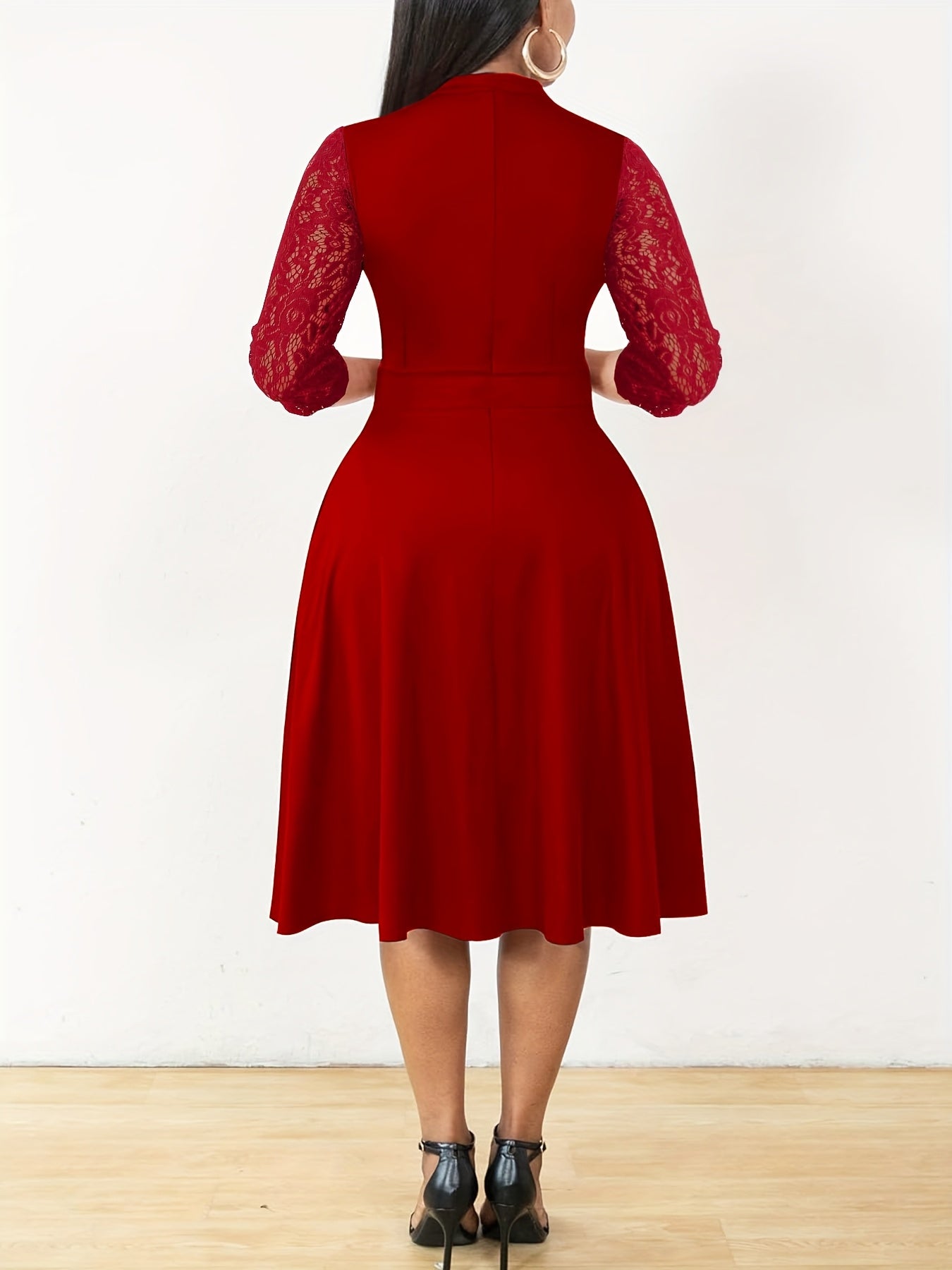 Elegant Lace Sleeve Midi Dress for Women with V Neck Fit and Flare Cocktail Style