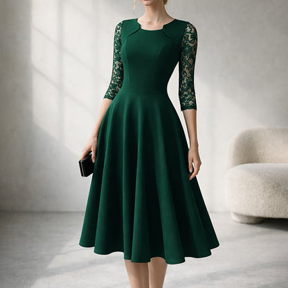 Elegant Lace Midi Dress for Women with Square Neck Three Quarter Sleeve Fit and Flare Cocktail Style