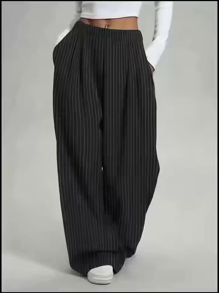 Elegant Black Pinstripe Wide Leg Pants for Women with High Waist Pleated Front Tailored Style