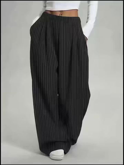 Elegant Black Pinstripe Wide Leg Pants for Women with High Waist Pleated Front Tailored Style
