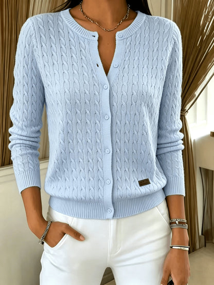 Comfortable Cable Knit Cardigan for Women with Crew Neck Long Sleeve Button Front Relaxed Style