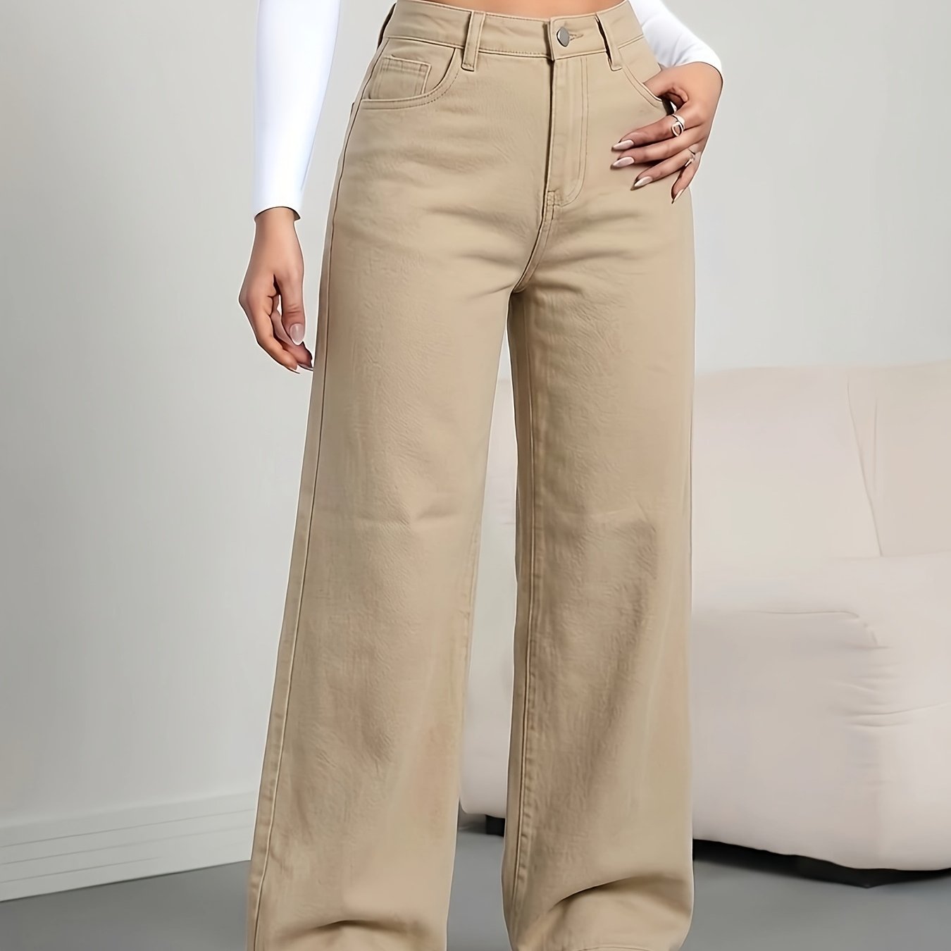 Effortless Khaki Wide Leg Jeans for Women with High Waist Button Fly Relaxed Casual Style