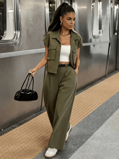 Effortless Wide Leg Set for Women with Collar Short Sleeve Utility Jacket Two Piece Style
