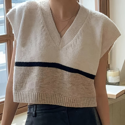 Elegant Apricot Colorblock Sweater Vest for Women with V Neck Sleeveless Cropped Oversized Knit Style