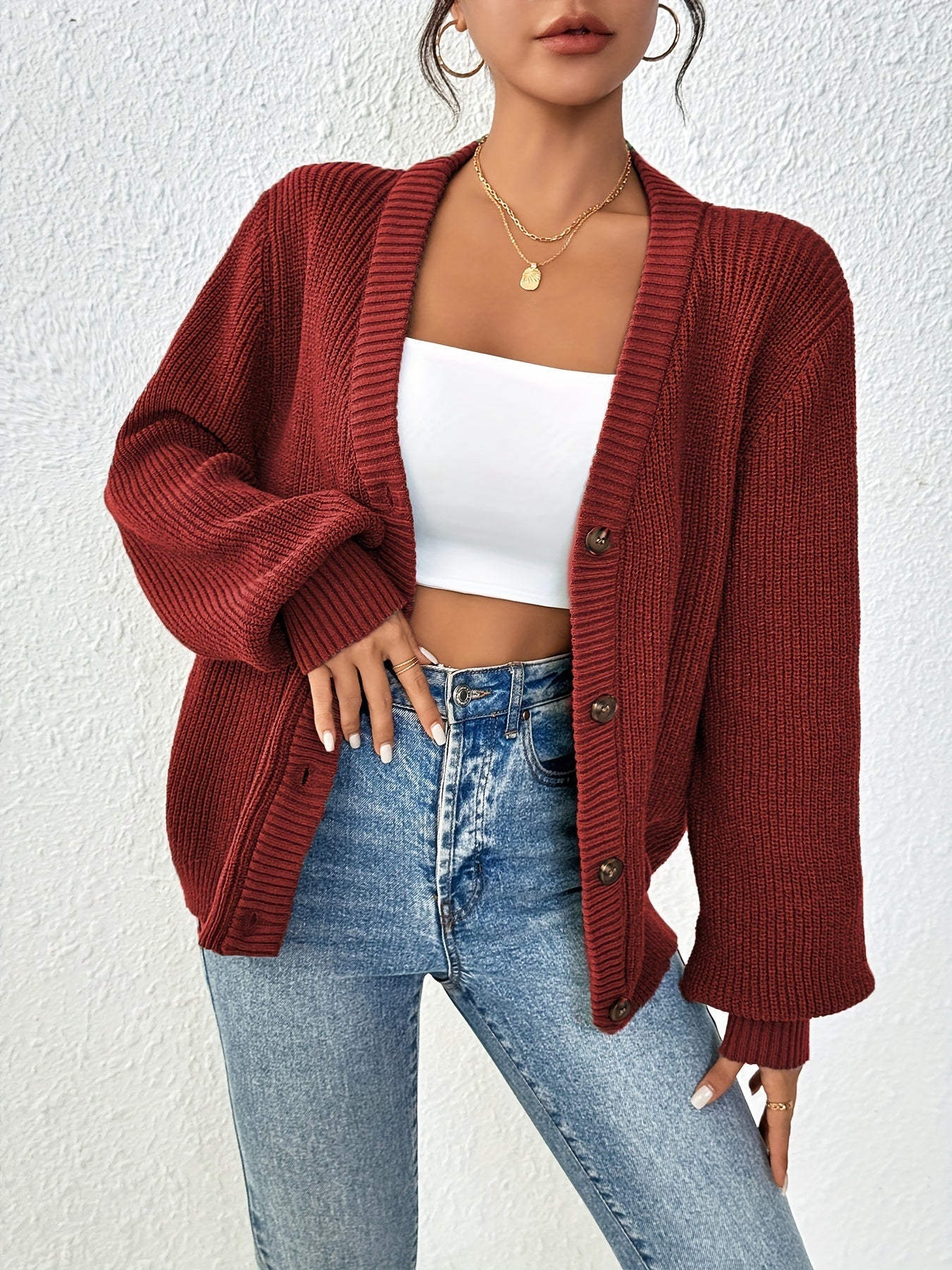 Comfortable Ribbed Knit Cardigan for Women with V Neck Balloon Sleeve Button Front Oversized Style
