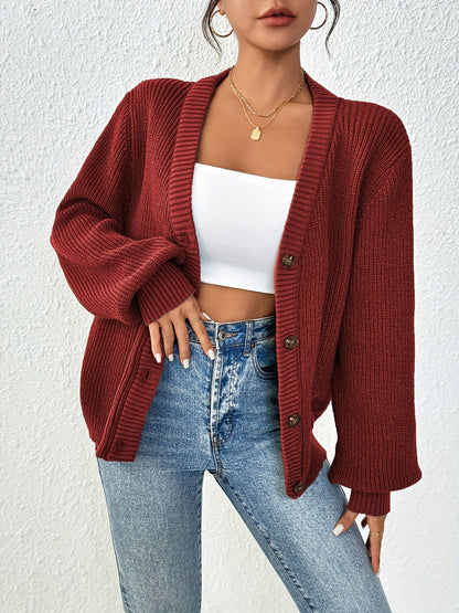 Comfortable Ribbed Knit Cardigan for Women with V Neck Balloon Sleeve Button Front Oversized Style