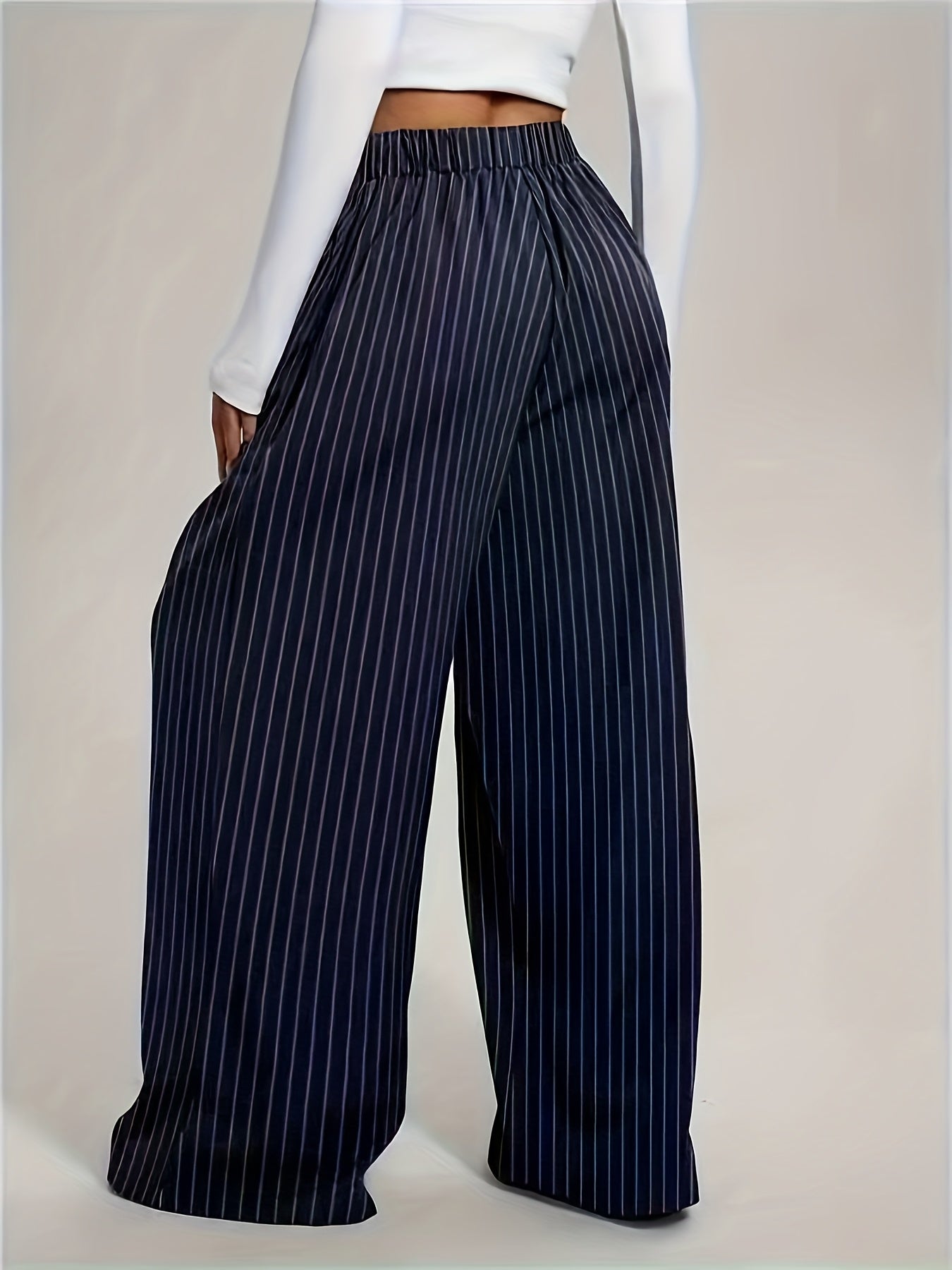 Effortless Navy Pinstripe Wide Leg Pants for Women with High Waist Pleated Relaxed Tailored Style