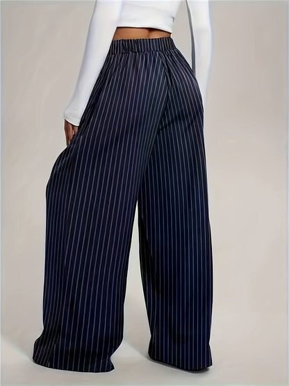 Effortless Navy Pinstripe Wide Leg Pants for Women with High Waist Pleated Relaxed Tailored Style