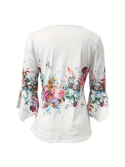 Effortless White Floral Blouse for Women with V Neck Bell Sleeve Button Front Pleated Casual Style