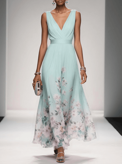 Effortless Floral Maxi Dress for Women with V Neck Sleeveless Flowing Formal Wedding Guest Style