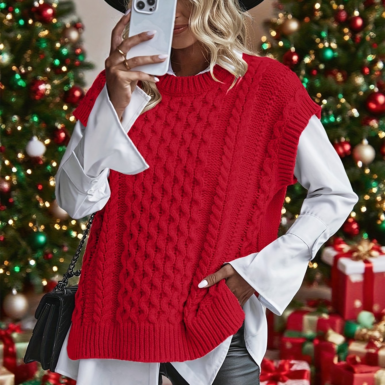 Comfortable Cable Knit Sweater Vest for Women with Crew Neck Sleeveless Oversized Relaxed Knit Style