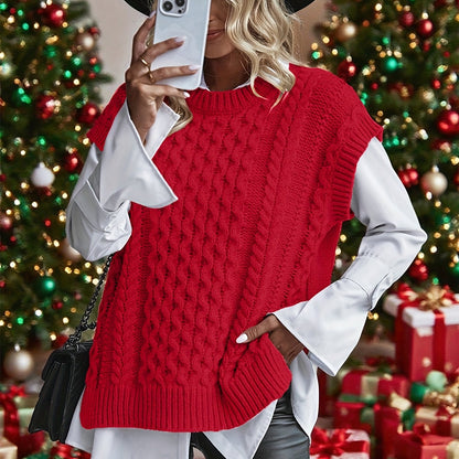 Comfortable Cable Knit Sweater Vest for Women with Crew Neck Sleeveless Oversized Relaxed Knit Style