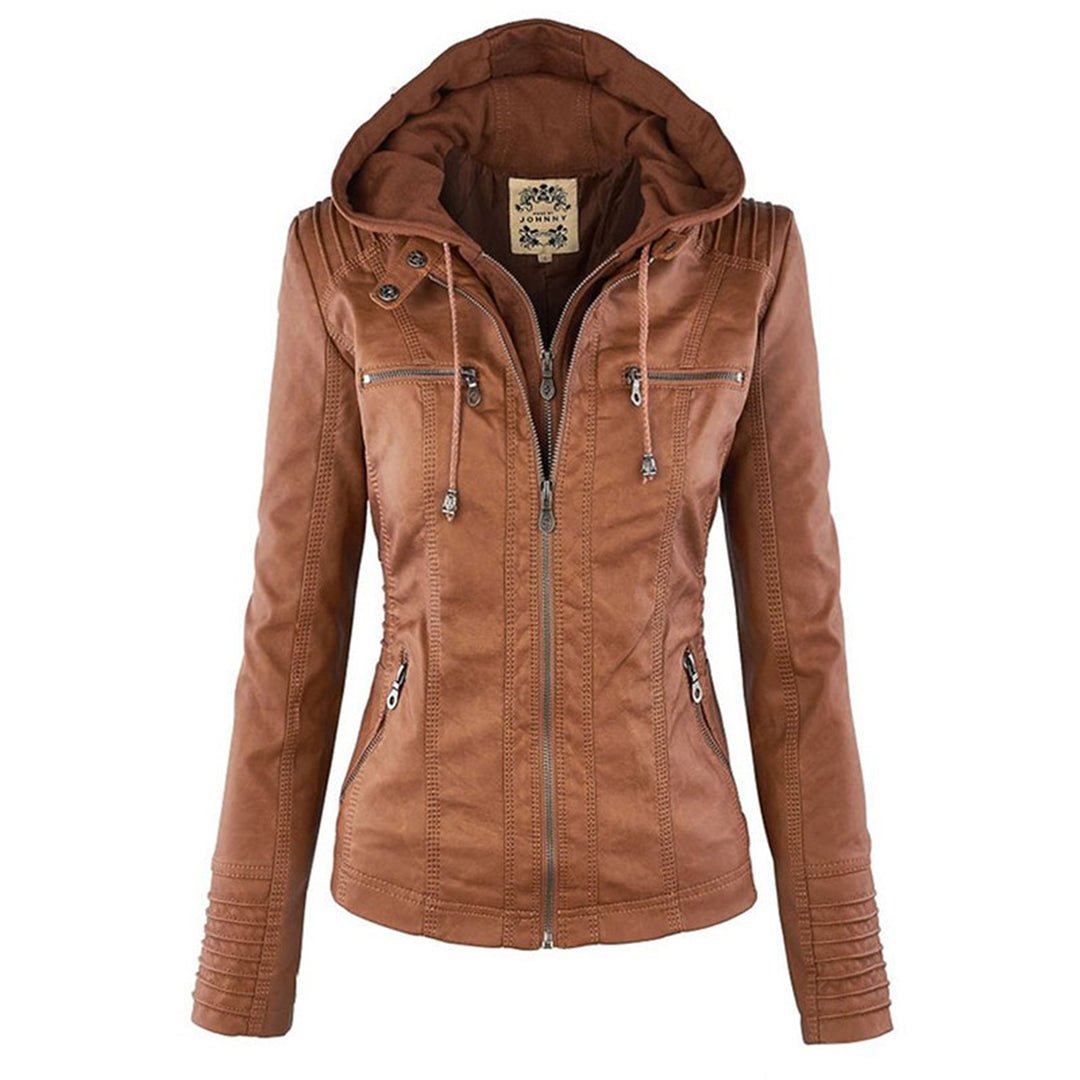 Elegant Faux Leather Moto Jacket for Women with Hooded Collar Long Sleeve Quilted Fitted Style