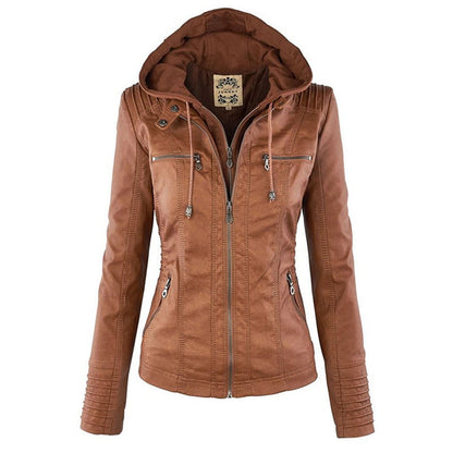 Elegant Faux Leather Moto Jacket for Women with Hooded Collar Long Sleeve Quilted Fitted Style