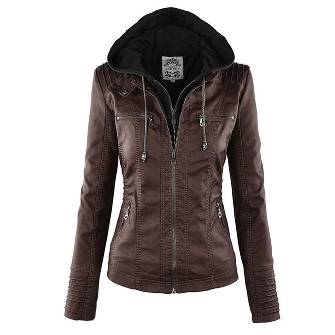 Elegant Faux Leather Moto Jacket for Women with Hooded Collar Long Sleeve Quilted Fitted Style