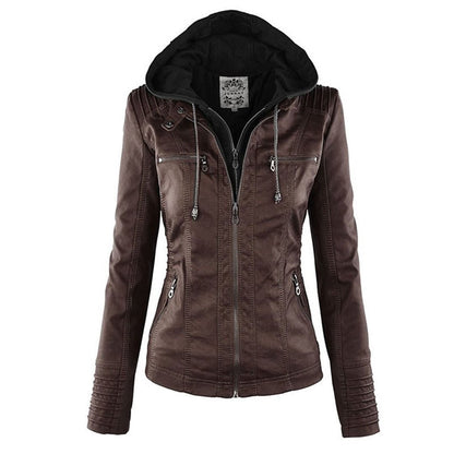Elegant Faux Leather Moto Jacket for Women with Hooded Collar Long Sleeve Quilted Fitted Style