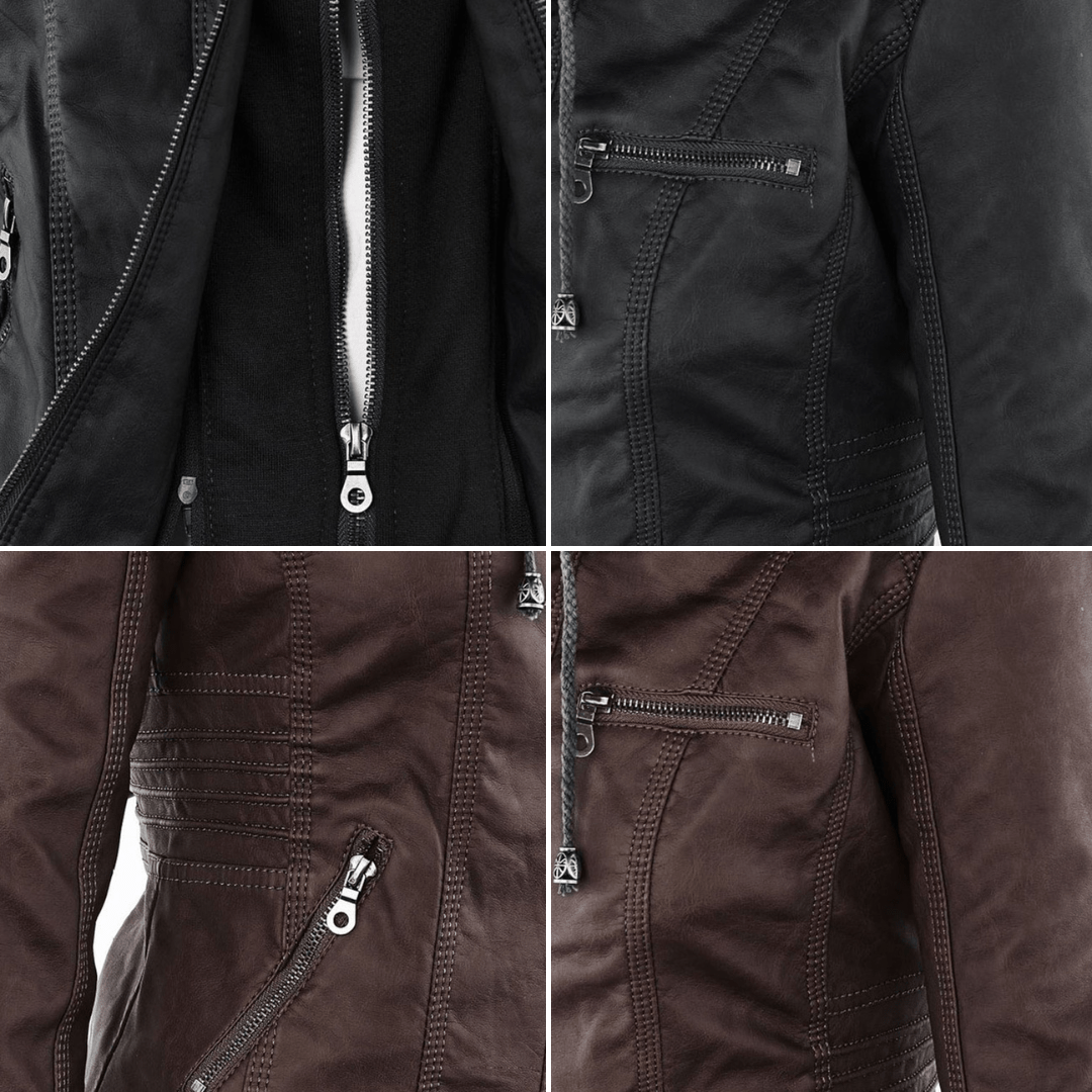 Elegant Faux Leather Moto Jacket for Women with Hooded Collar Long Sleeve Quilted Fitted Style
