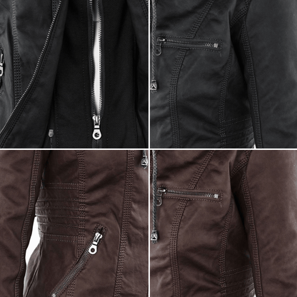 Elegant Faux Leather Moto Jacket for Women with Hooded Collar Long Sleeve Quilted Fitted Style