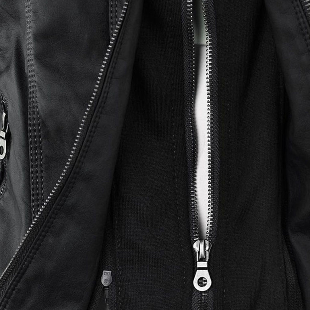 Elegant Faux Leather Moto Jacket for Women with Hooded Collar Long Sleeve Quilted Fitted Style