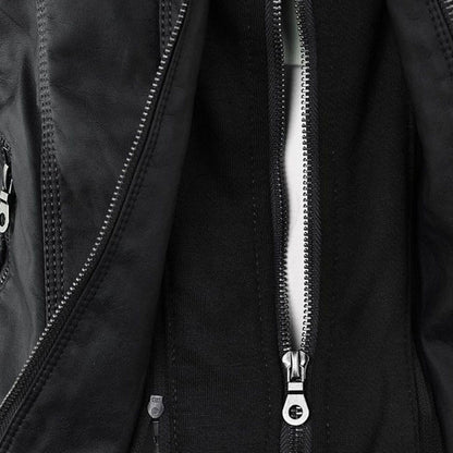 Elegant Faux Leather Moto Jacket for Women with Hooded Collar Long Sleeve Quilted Fitted Style