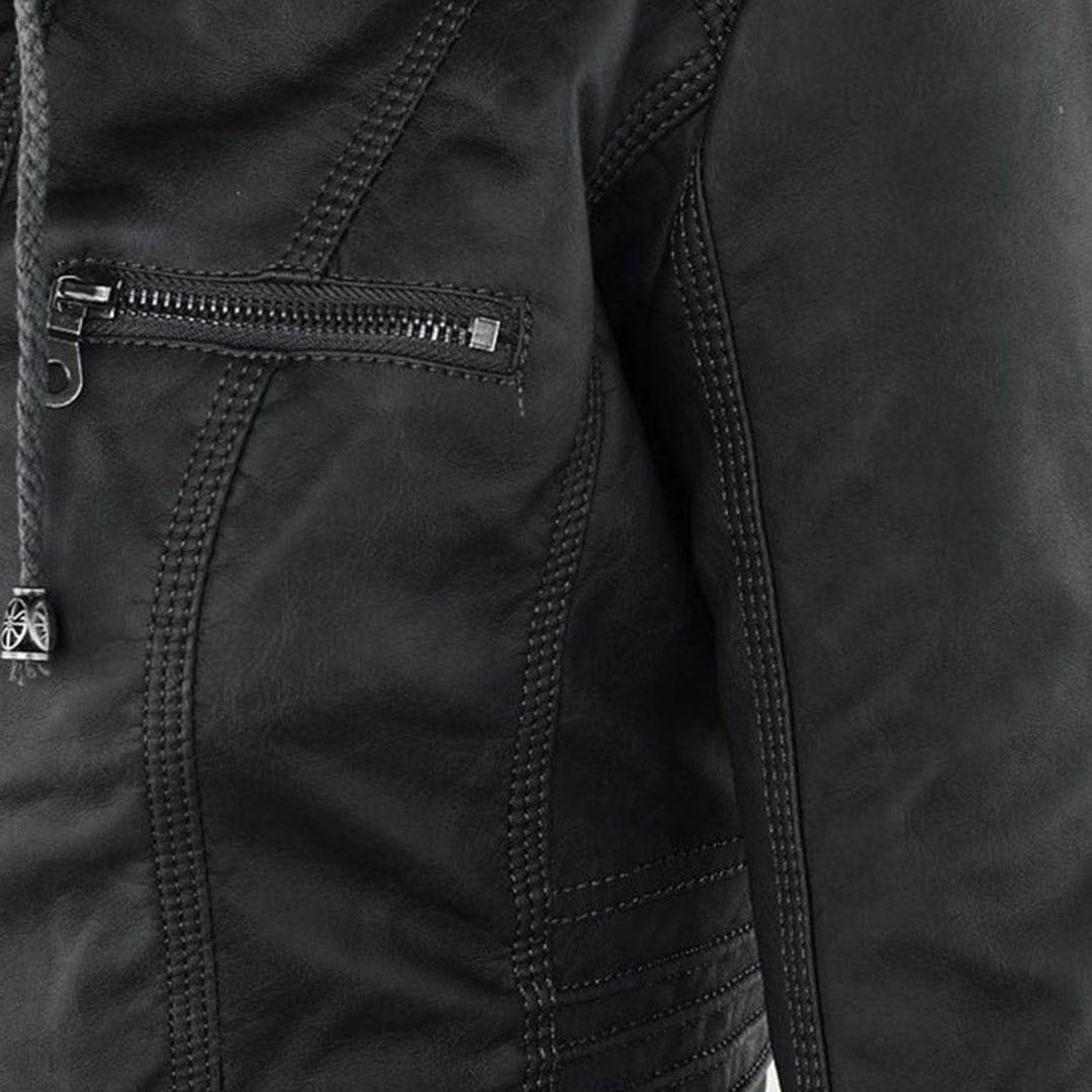 Elegant Faux Leather Moto Jacket for Women with Hooded Collar Long Sleeve Quilted Fitted Style