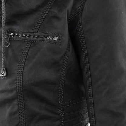 Elegant Faux Leather Moto Jacket for Women with Hooded Collar Long Sleeve Quilted Fitted Style