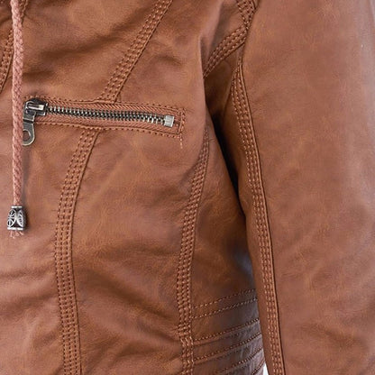 Elegant Faux Leather Moto Jacket for Women with Hooded Collar Long Sleeve Quilted Fitted Style