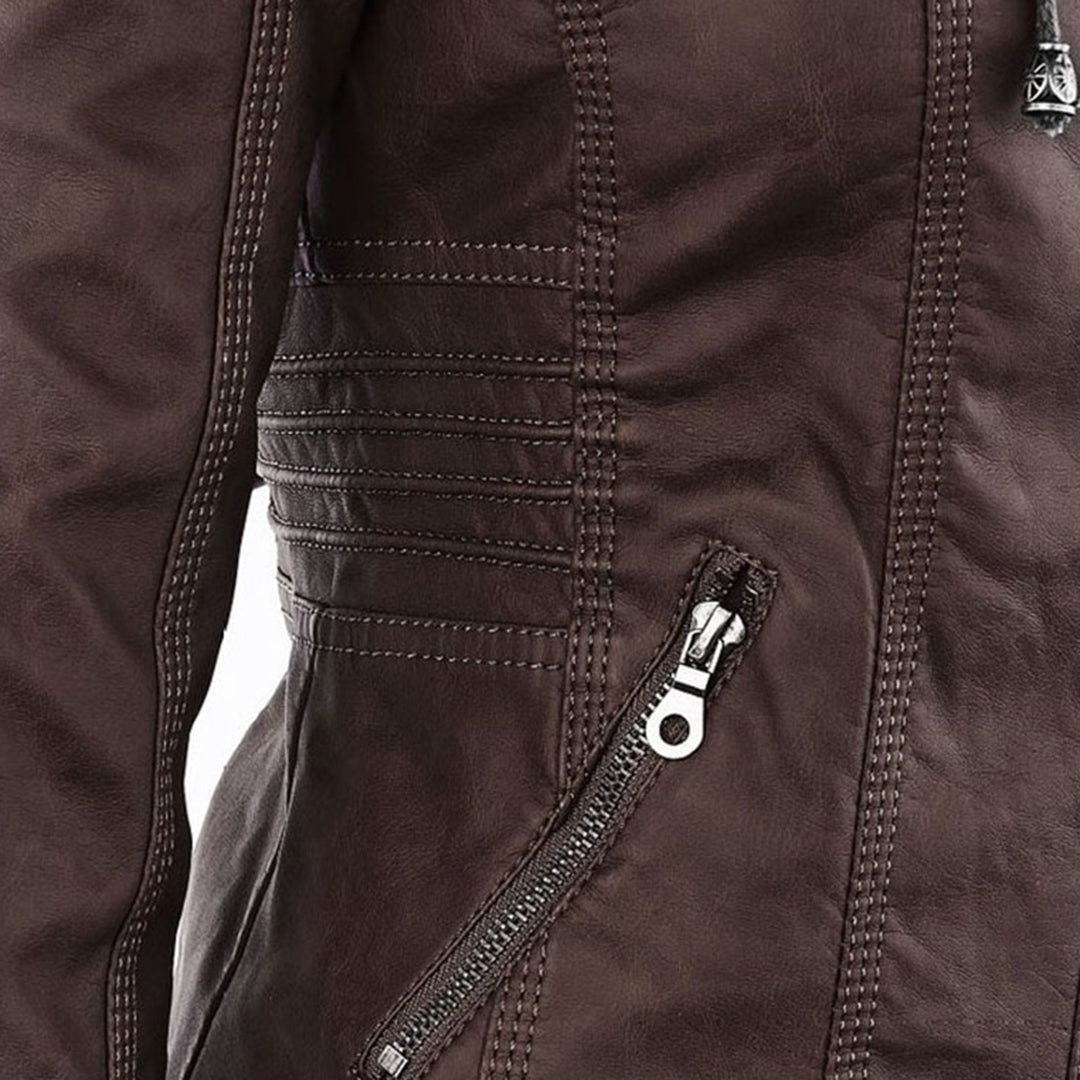 Elegant Faux Leather Moto Jacket for Women with Hooded Collar Long Sleeve Quilted Fitted Style
