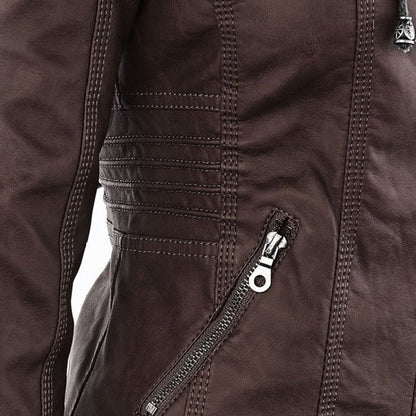 Elegant Faux Leather Moto Jacket for Women with Hooded Collar Long Sleeve Quilted Fitted Style