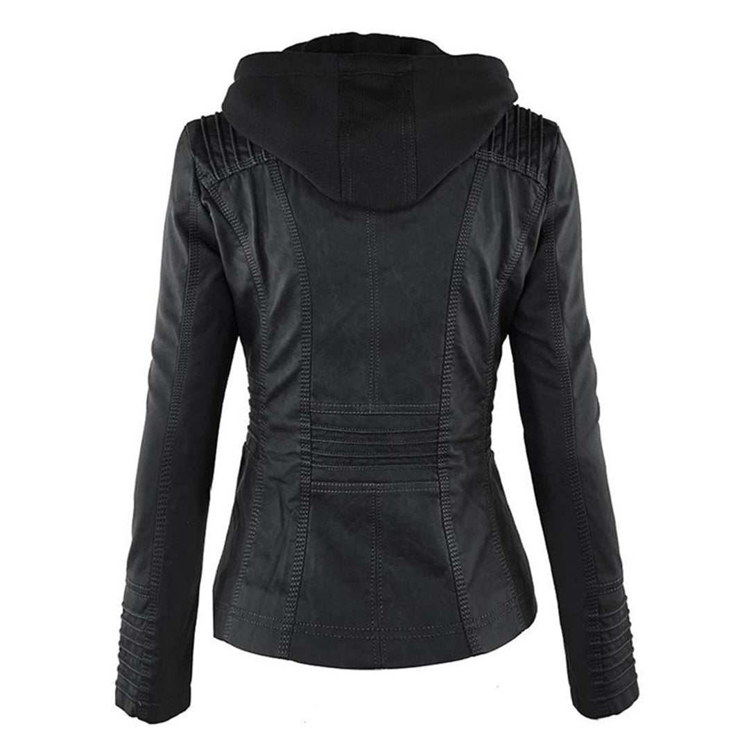 Elegant Faux Leather Moto Jacket for Women with Hooded Collar Long Sleeve Quilted Fitted Style