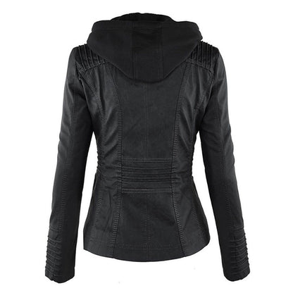 Elegant Faux Leather Moto Jacket for Women with Hooded Collar Long Sleeve Quilted Fitted Style