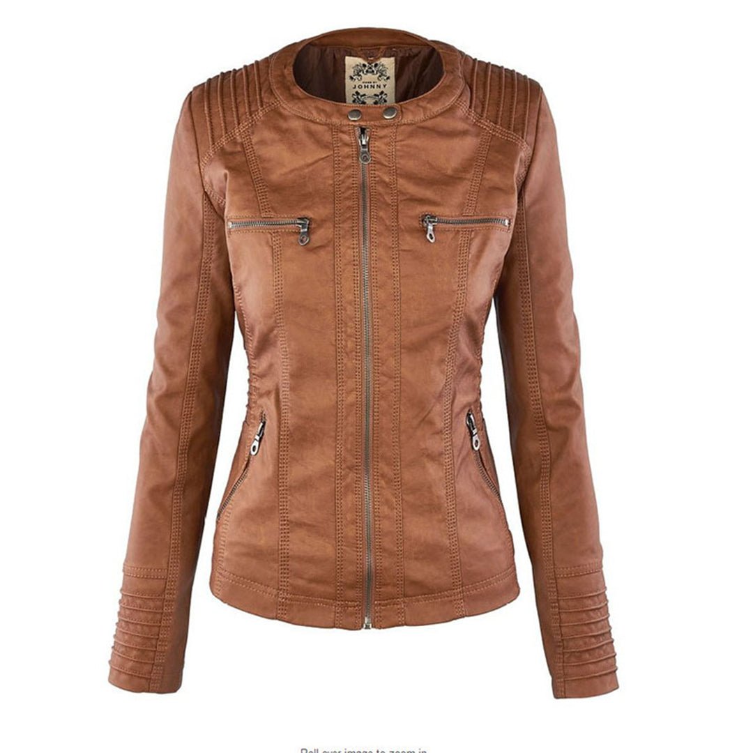 Elegant Faux Leather Moto Jacket for Women with Hooded Collar Long Sleeve Quilted Fitted Style