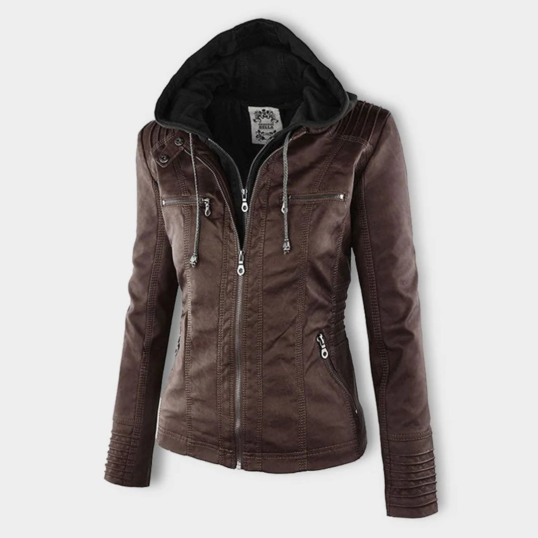 Elegant Faux Leather Moto Jacket for Women with Hooded Collar Long Sleeve Quilted Fitted Style