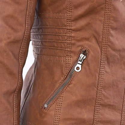 Elegant Faux Leather Moto Jacket for Women with Hooded Collar Long Sleeve Quilted Fitted Style
