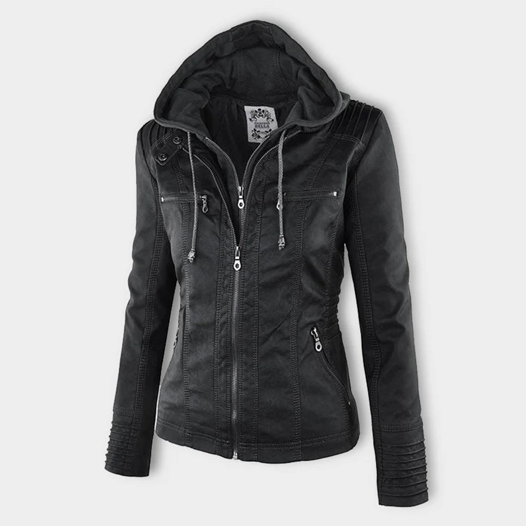 Elegant Faux Leather Moto Jacket for Women with Hooded Collar Long Sleeve Quilted Fitted Style