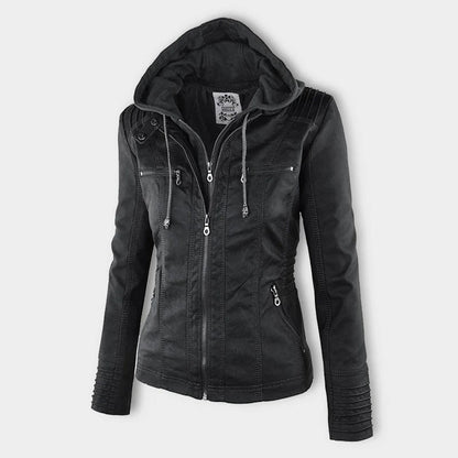 Elegant Faux Leather Moto Jacket for Women with Hooded Collar Long Sleeve Quilted Fitted Style