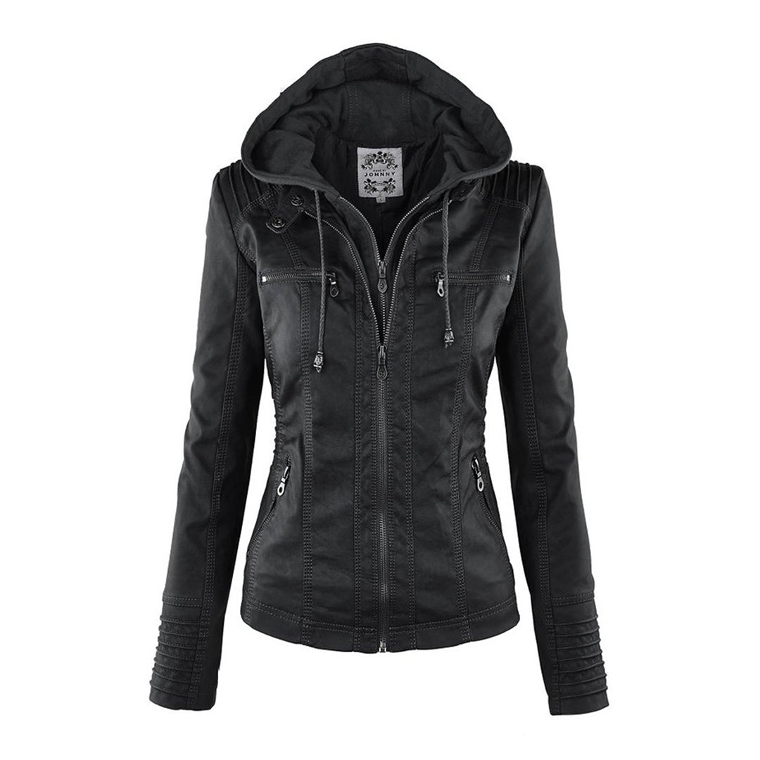 Elegant Faux Leather Moto Jacket for Women with Hooded Collar Long Sleeve Quilted Fitted Style