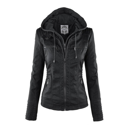 Elegant Faux Leather Moto Jacket for Women with Hooded Collar Long Sleeve Quilted Fitted Style