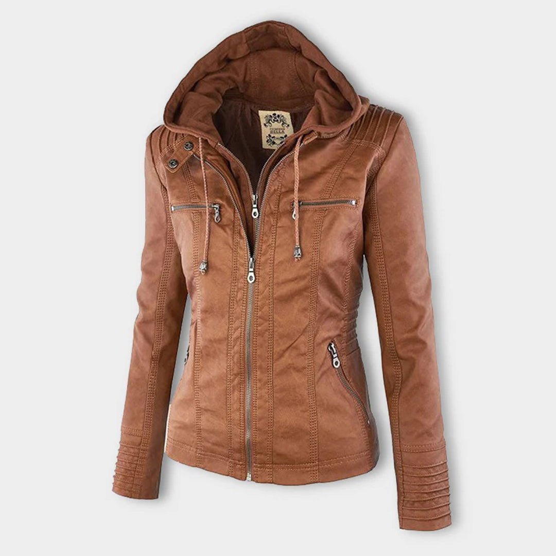 Elegant Faux Leather Moto Jacket for Women with Hooded Collar Long Sleeve Quilted Fitted Style