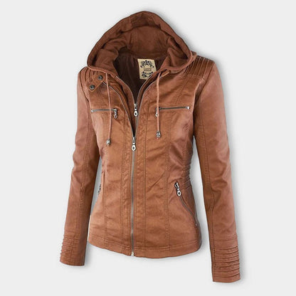 Elegant Faux Leather Moto Jacket for Women with Hooded Collar Long Sleeve Quilted Fitted Style